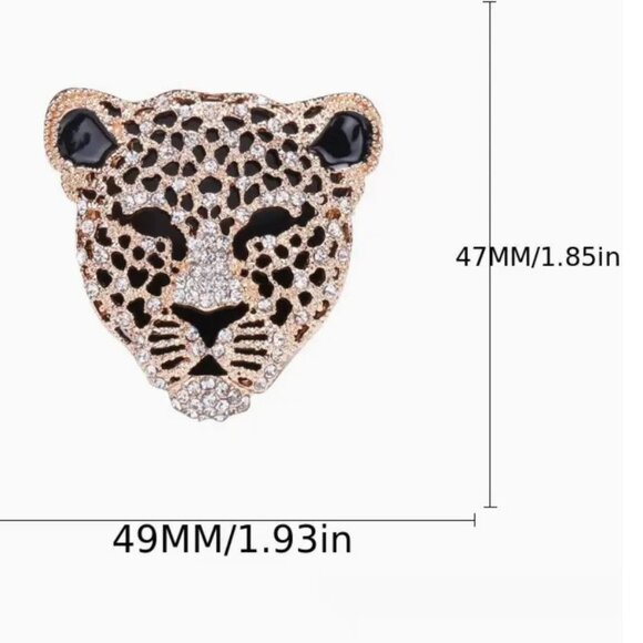 Gold Tone Leopard Head Brooch Pin With Clear Crystals & Enamel - Picture 2 of 2